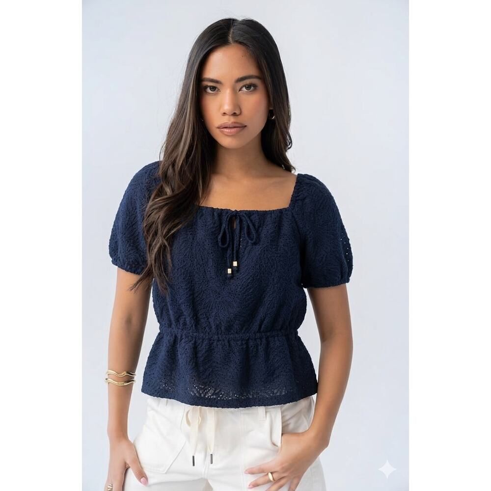 Michael Kors Eyelet Peasant Top XL Navy Boho Coastal Stretch NWT Resortwear